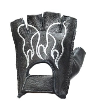 Fingerless Leather Motorcycle Gloves with white Flames